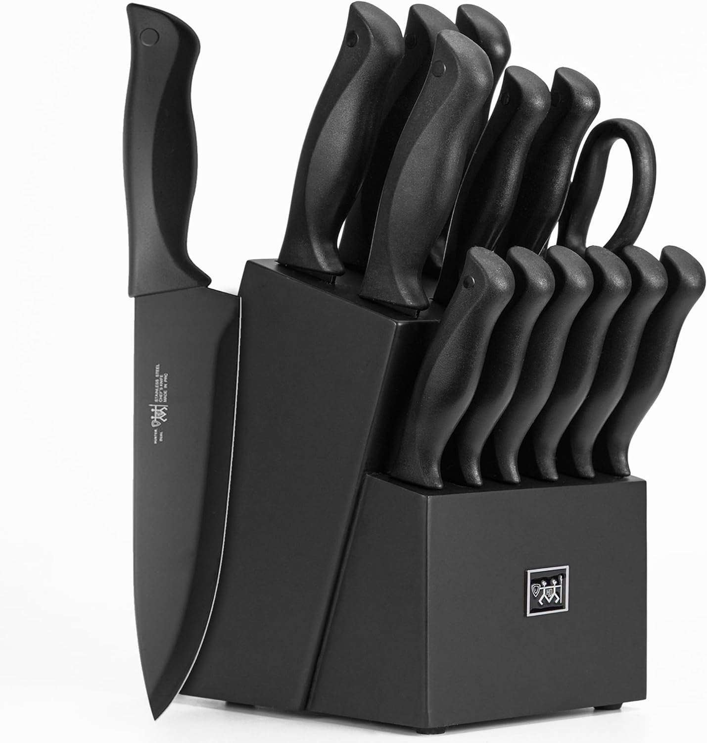 Knife Set, 15 Pcs Kitchen Knife Set with Block Self Sharpening, Dishwasher Safe, Anti-Slip Handle, Black