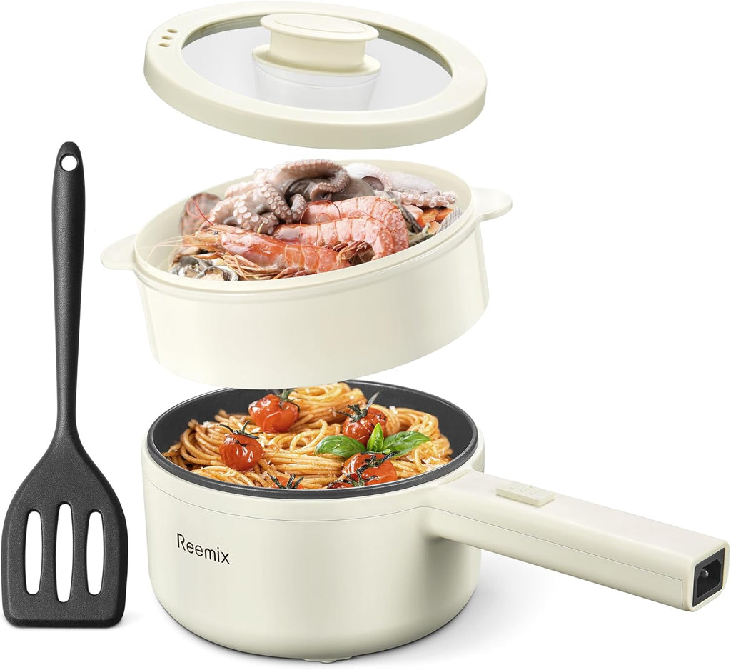 Hot Pot Electric with Steamer, 1.6L Ramen Cooker Non-Stick Sauté Pan for Steak, Egg, Fried Rice, Ramen, Oatmeal, Soup, Portable Personal Perfect Suit Dorm Room and Apartment (White)