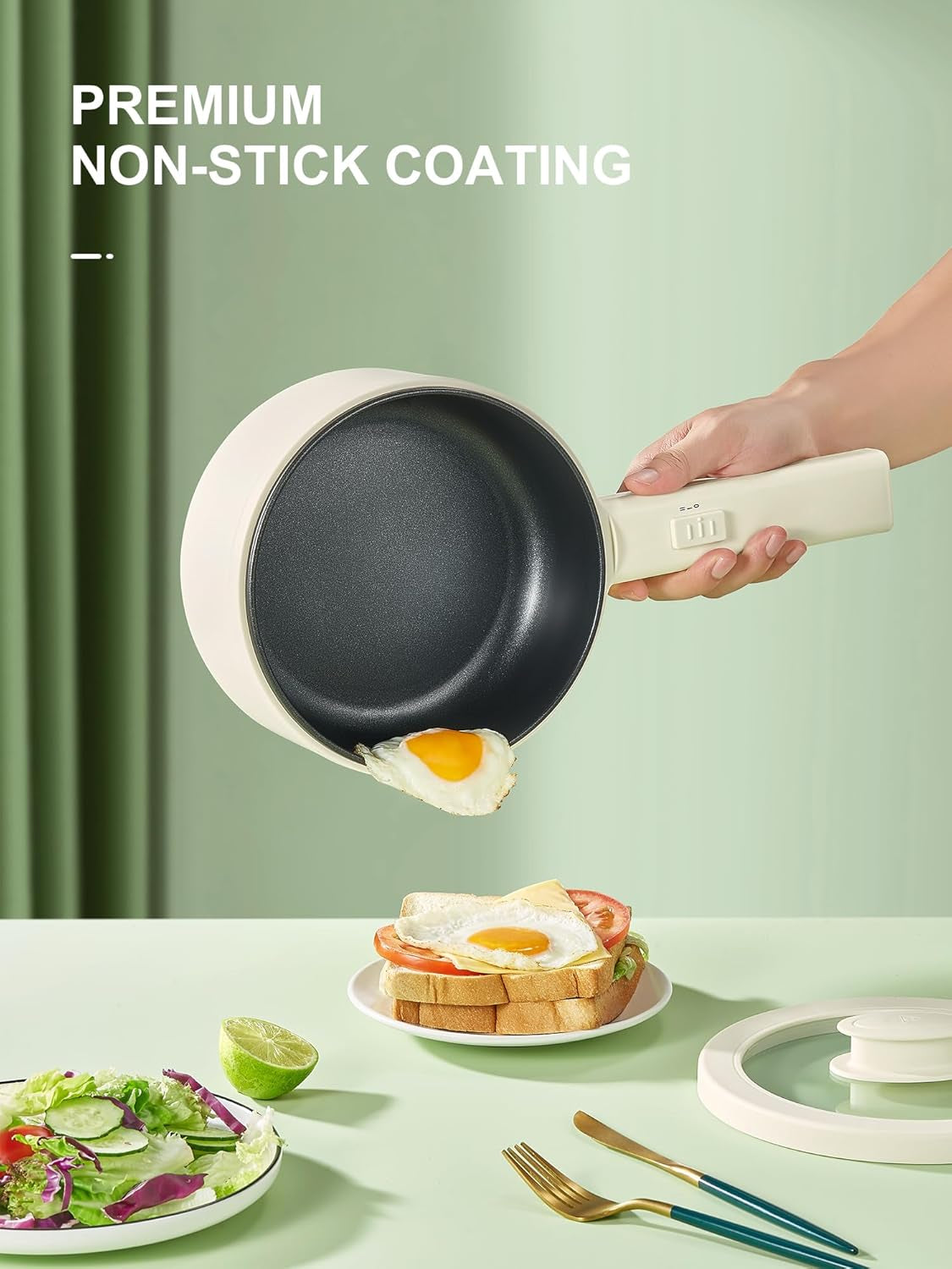 Hot Pot Electric with Steamer, 1.6L Ramen Cooker Non-Stick Sauté Pan for Steak, Egg, Fried Rice, Ramen, Oatmeal, Soup, Portable Personal Perfect Suit Dorm Room and Apartment (White)