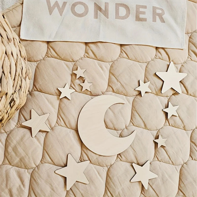 Ins Scandinavian Style Moon and Stars Wooden Self-Adhesive Decoration Set Home Space Theme Wall Art Decorative Wall Sticker Set