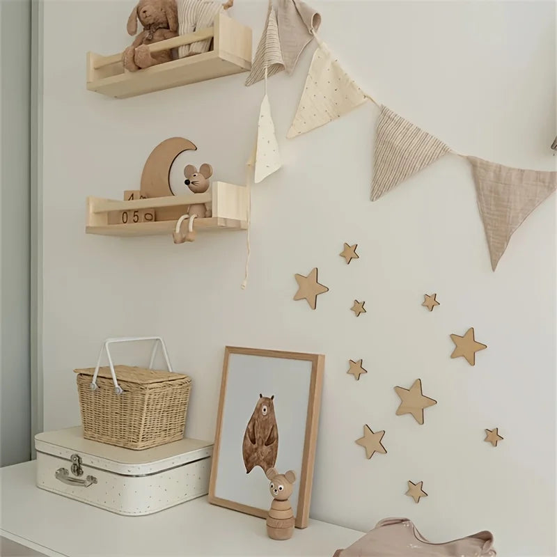 Ins Scandinavian Style Moon and Stars Wooden Self-Adhesive Decoration Set Home Space Theme Wall Art Decorative Wall Sticker Set