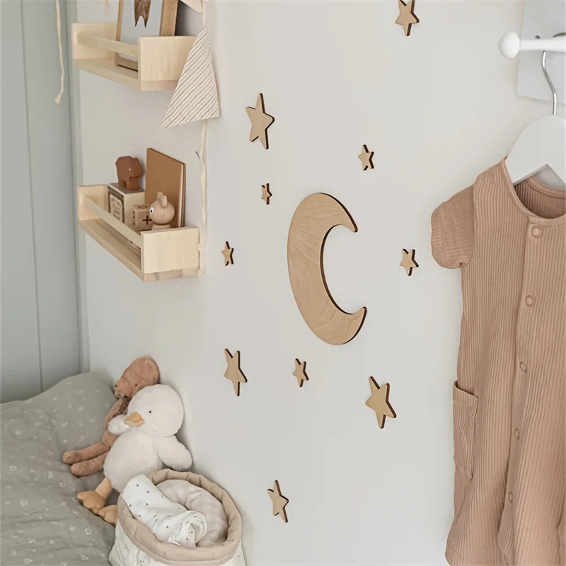 Ins Scandinavian Style Moon and Stars Wooden Self-Adhesive Decoration Set Home Space Theme Wall Art Decorative Wall Sticker Set