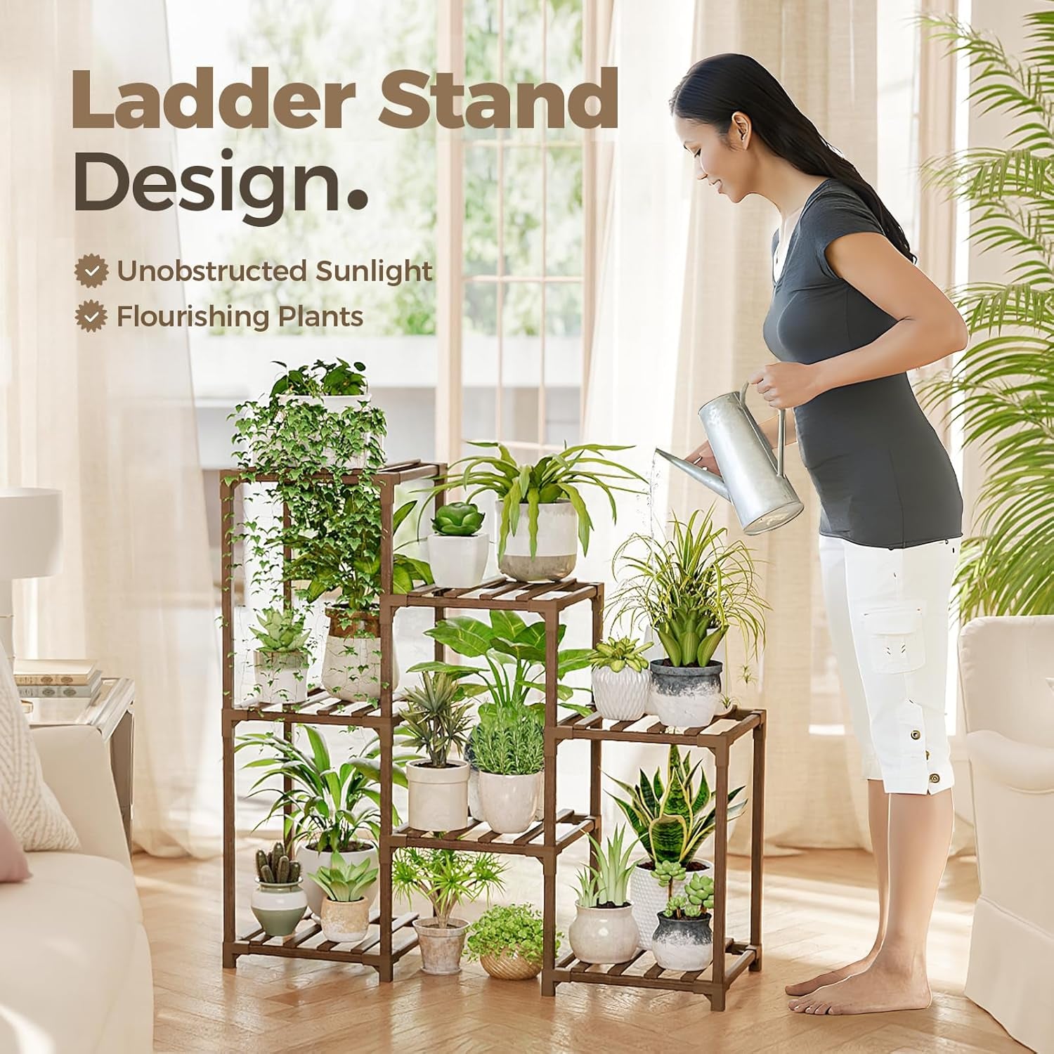 Plant Stand Indoor Plant Shelf Outdoor Wood Plant Rack for Multiple Plants 3 Tiers Ladder Plant Holder for Living Room Patio Boho Home Decor for Gardening