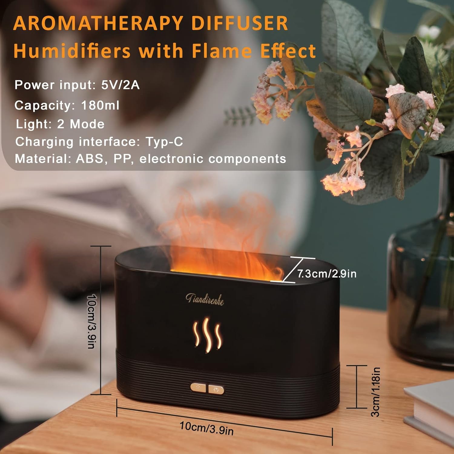 Flame Diffuser,Fire Diffuser, Essential Oil Diffuser, Humidifiers with Flame Effect,180Ml Cool Mist Humidifiers for Home, 7 Color Variations That Can Be Set to One Color(White)